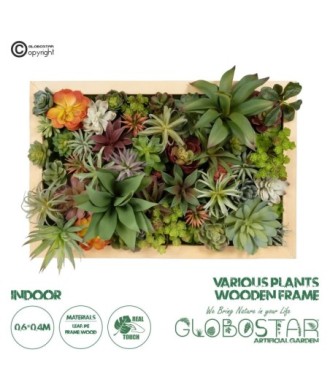 GloboStar® Artificial Garden VARIOUS PLANT 20642 Τεχνητό Διακοσμητικό Φυλλωσιάς σε Ξύλινο Πάνελ - Κάθετος Κήπος Μιξ Μ60 x Π40 x Υ20cm
